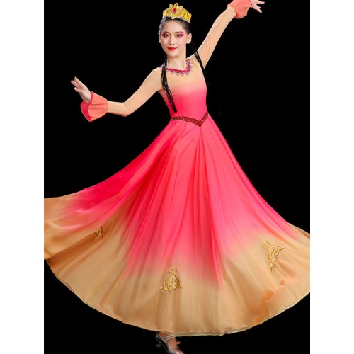 Pink yellow gradient Xinjiang dance performance dress for women girls chinese folk dance costume sOpening dance big swing skirt Uygur dance skirt